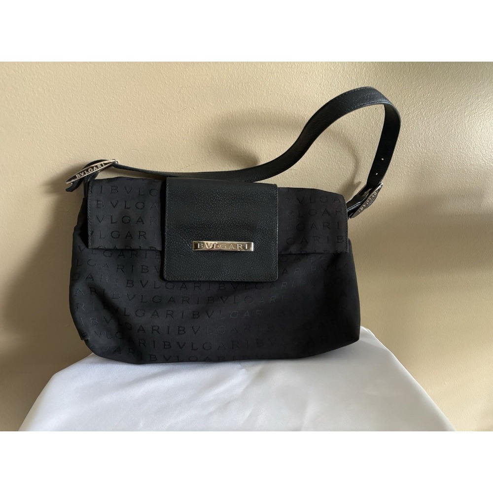 Bvlgari Shoulder Bag Women OS Black Logo Canvas Leather Flap Silver Hardware